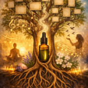 Arbre généalogique symbolique intégrant une huile essentielle dans son tronc et des notes de musique, illustrant le processus vibratoire des signatures fréquentielles par le son et l’olfaction.