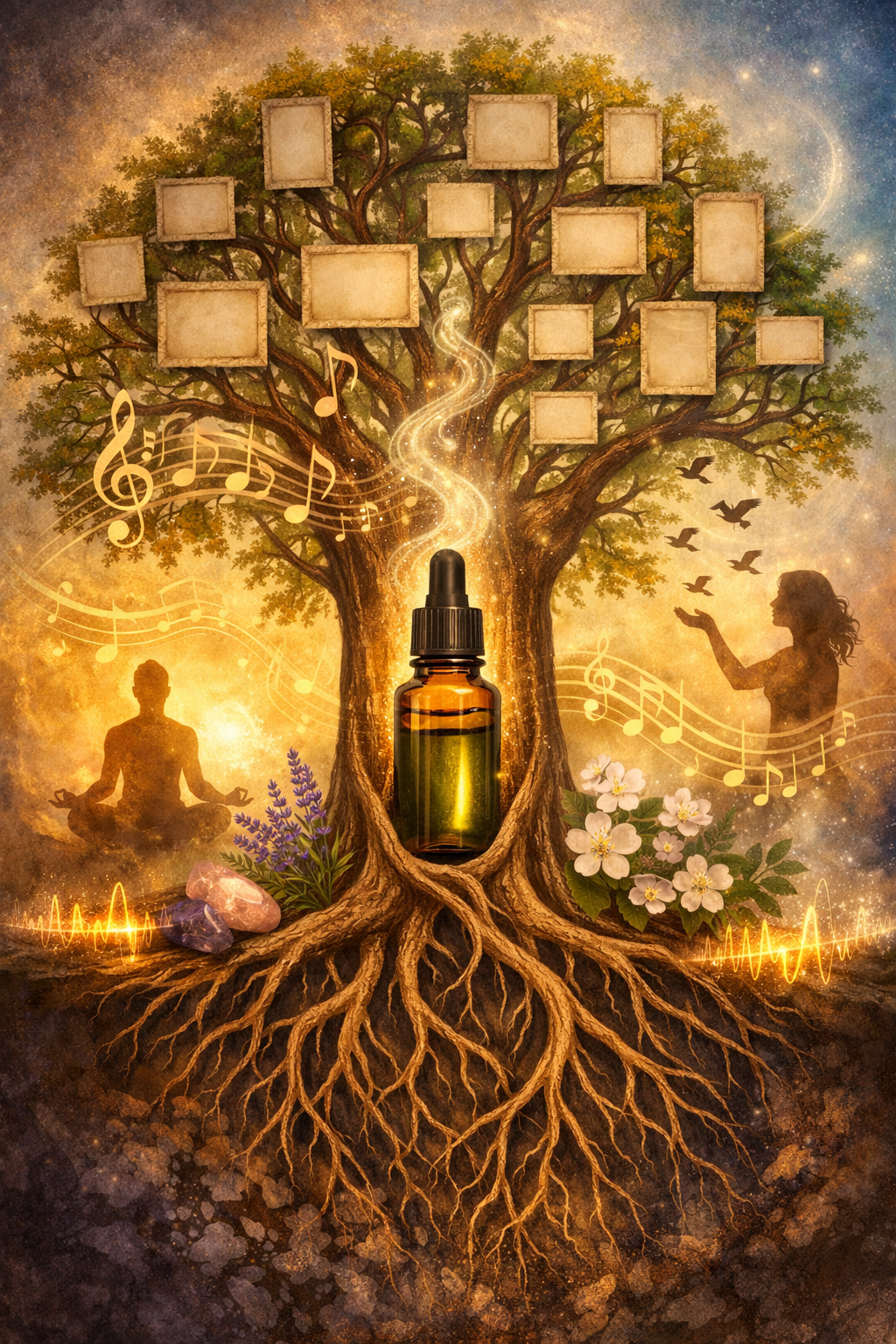 Arbre généalogique symbolique intégrant une huile essentielle dans son tronc et des notes de musique, illustrant le processus vibratoire des signatures fréquentielles par le son et l’olfaction.